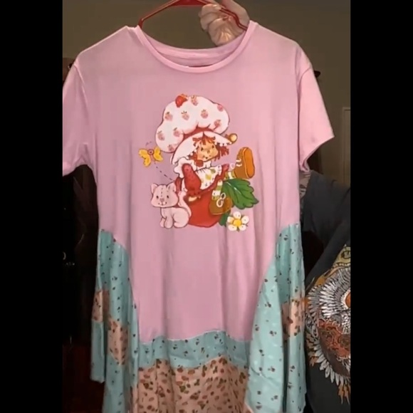 Handcrafted Strawberry Shortcake Upcycled Boho T-Shirt Top - Picture 1 of 3